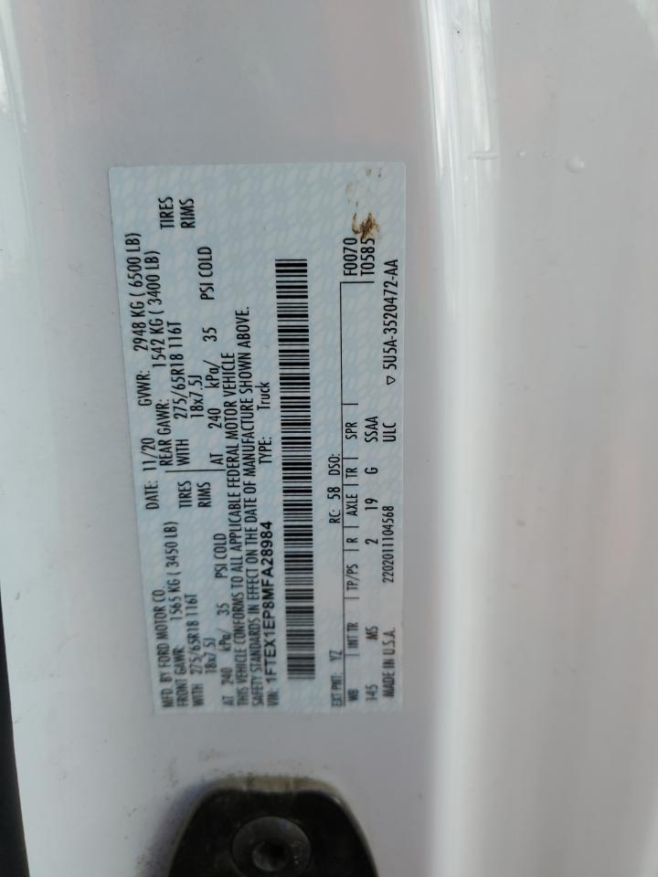 2021 Ford F150 Super Cab VIN: 1FTEX1EP8MFA28984 Lot: 91919585