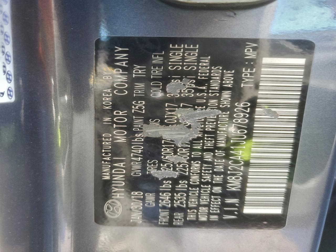 2018 Hyundai Tucson Se VIN: KM8J2CA41JU678926 Lot: 94244185