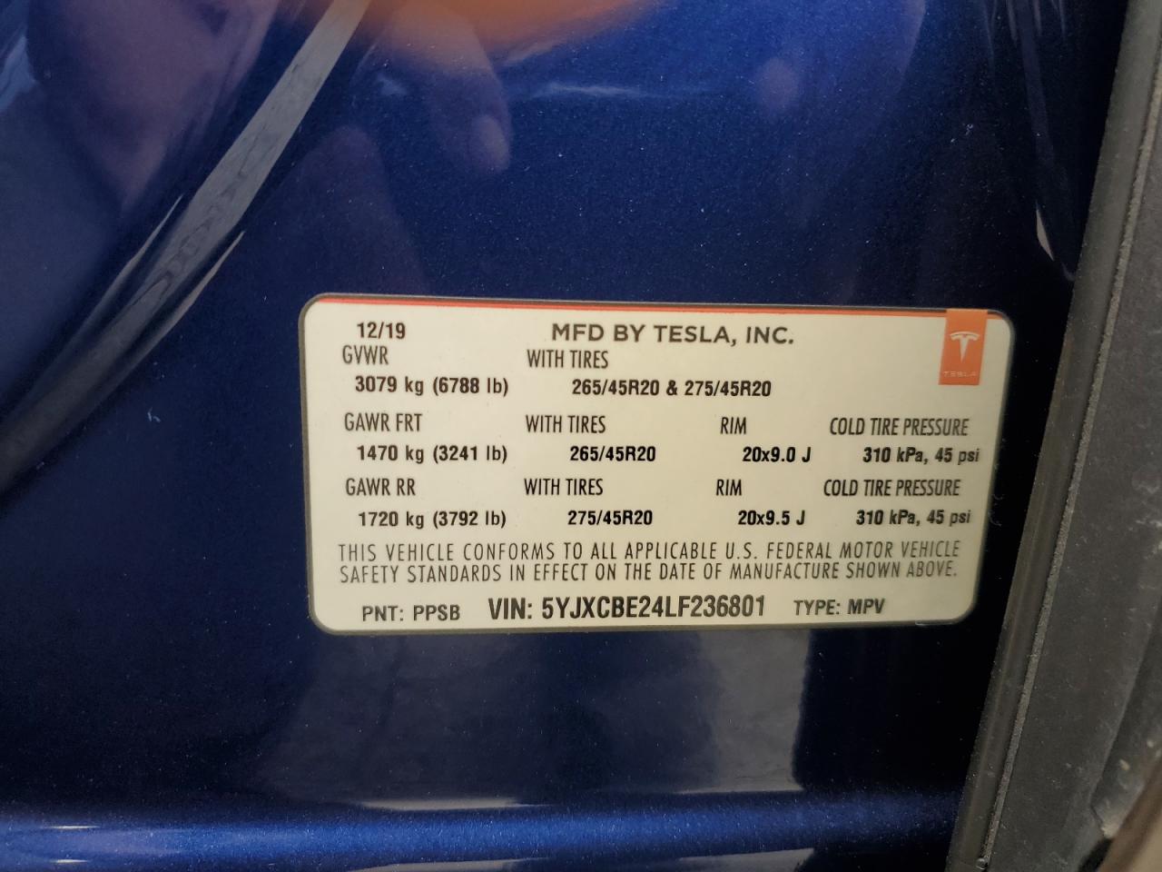 2020 Tesla Model X VIN: 5YJXCBE24LF236801 Lot: 91835685