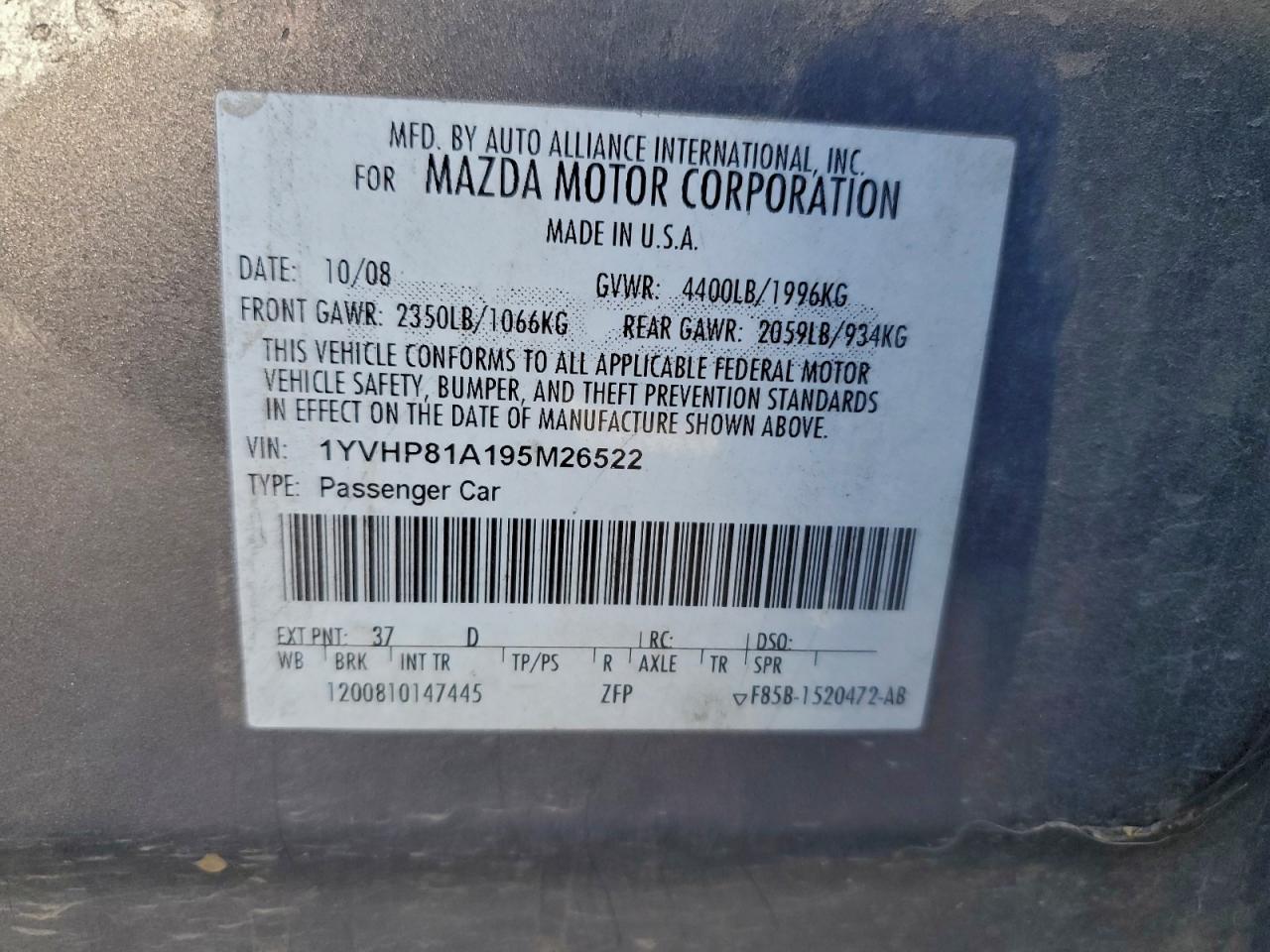 2009 Mazda 6 I VIN: 1YVHP81A195M26522 Lot: 94320305