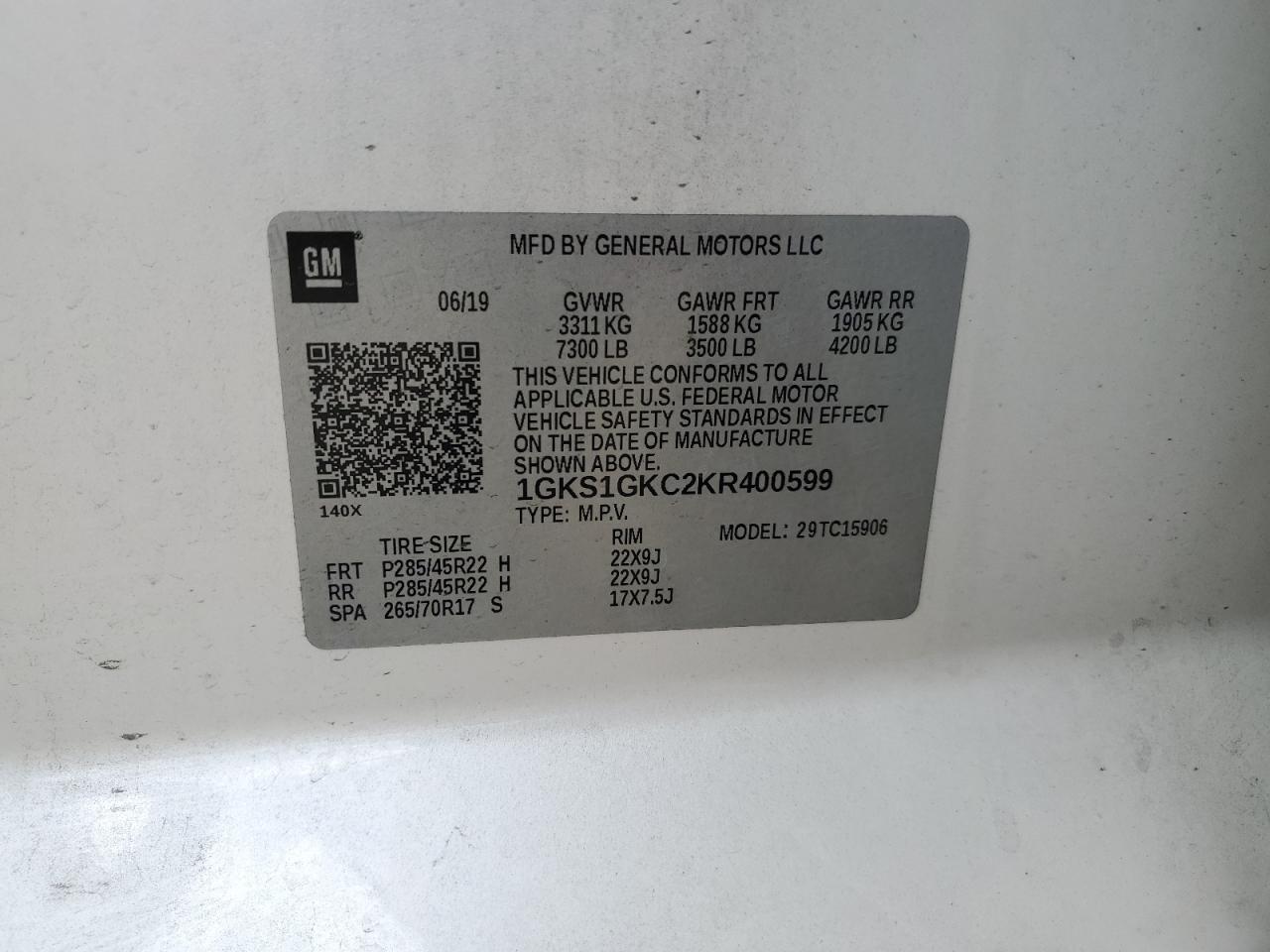 2019 GMC Yukon Xl C1500 Slt VIN: 1GKS1GKC2KR400599 Lot: 93079105