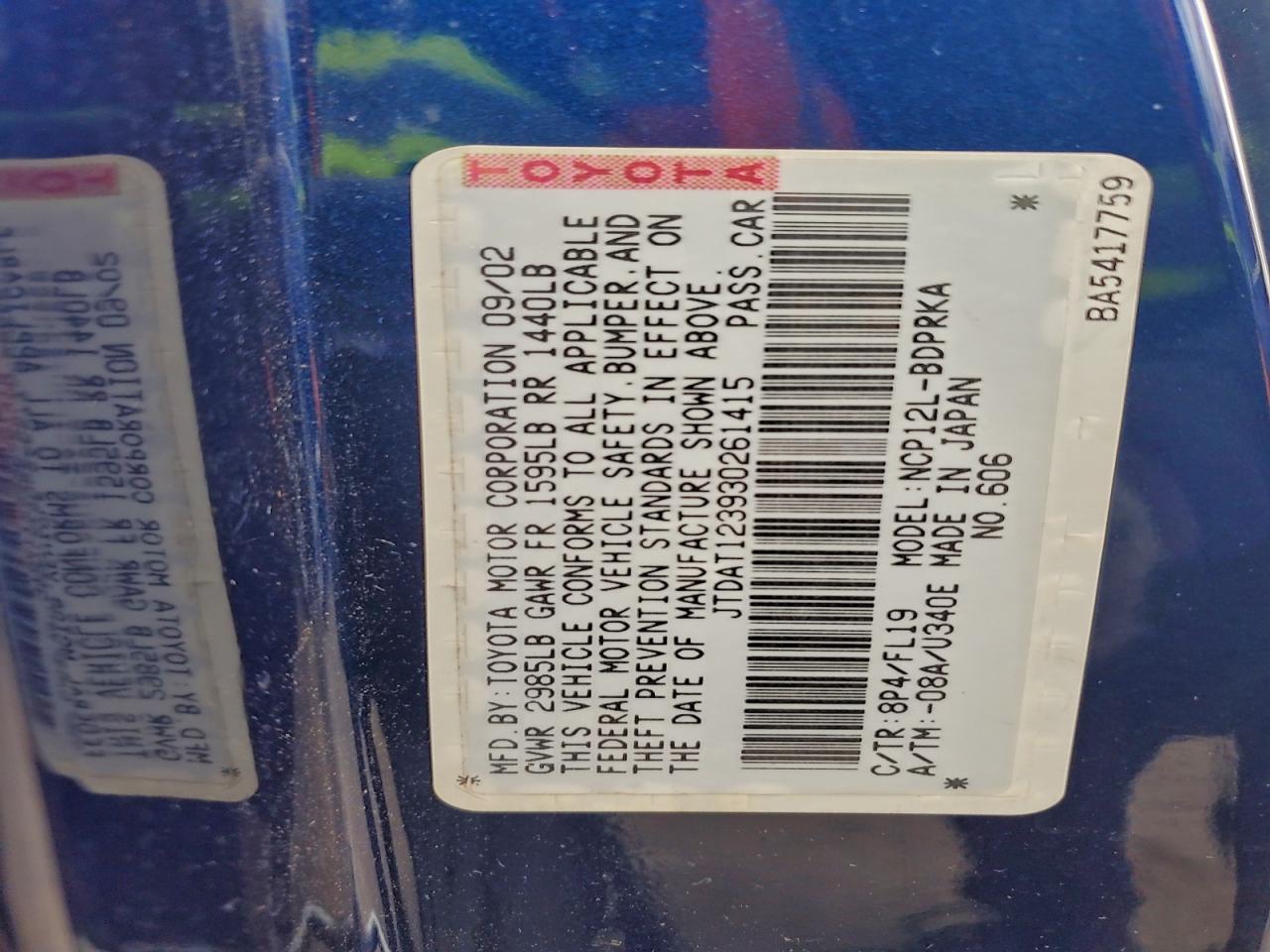 2003 Toyota Echo VIN: JTDAT123930261415 Lot: 94051985