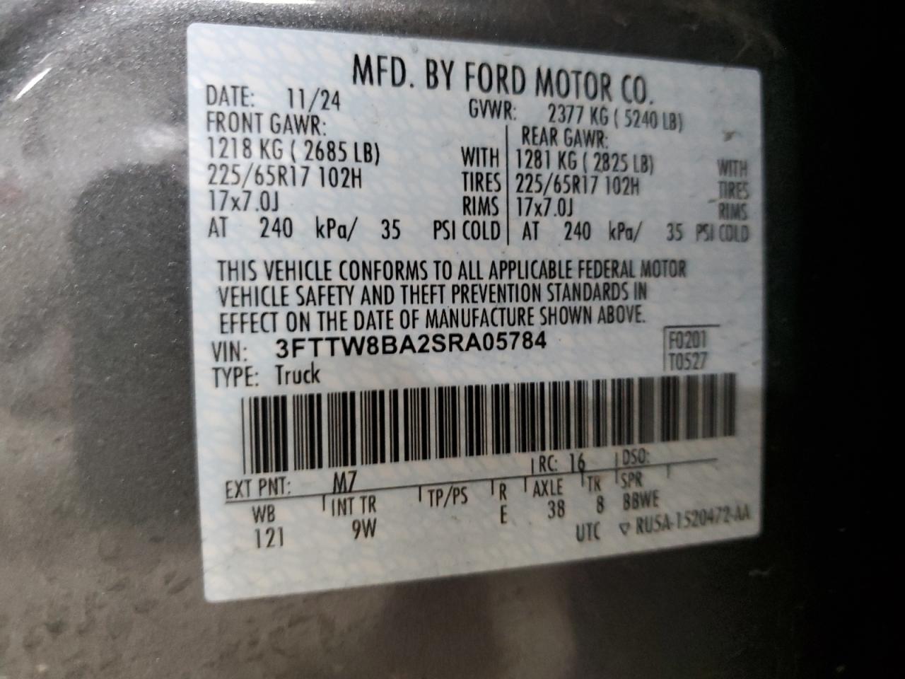 2025 Ford Maverick Xl VIN: 3FTTW8BA2SRA05784 Lot: 93484705