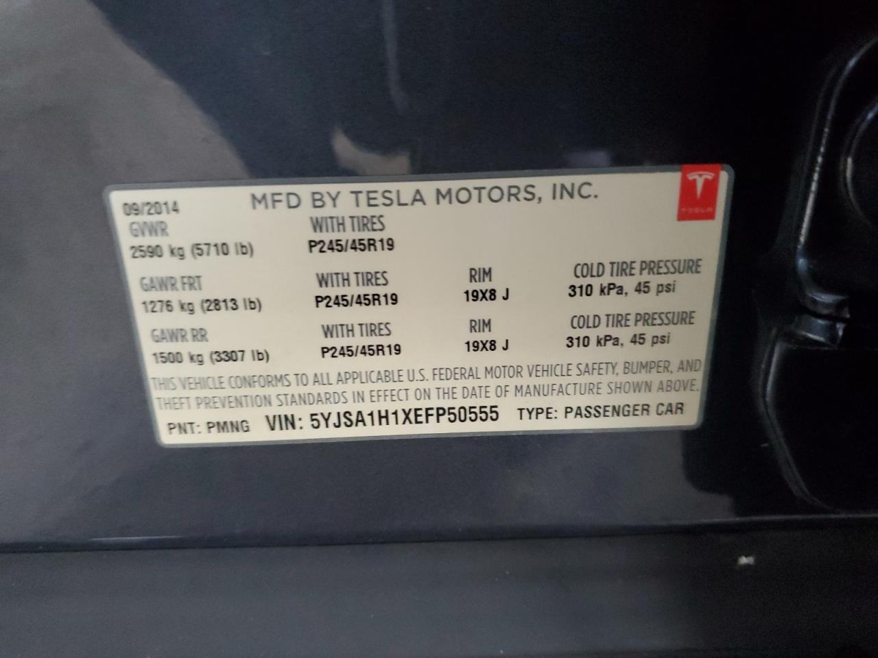 2014 Tesla Model S VIN: 5YJSA1H1XEFP50555 Lot: 93071325