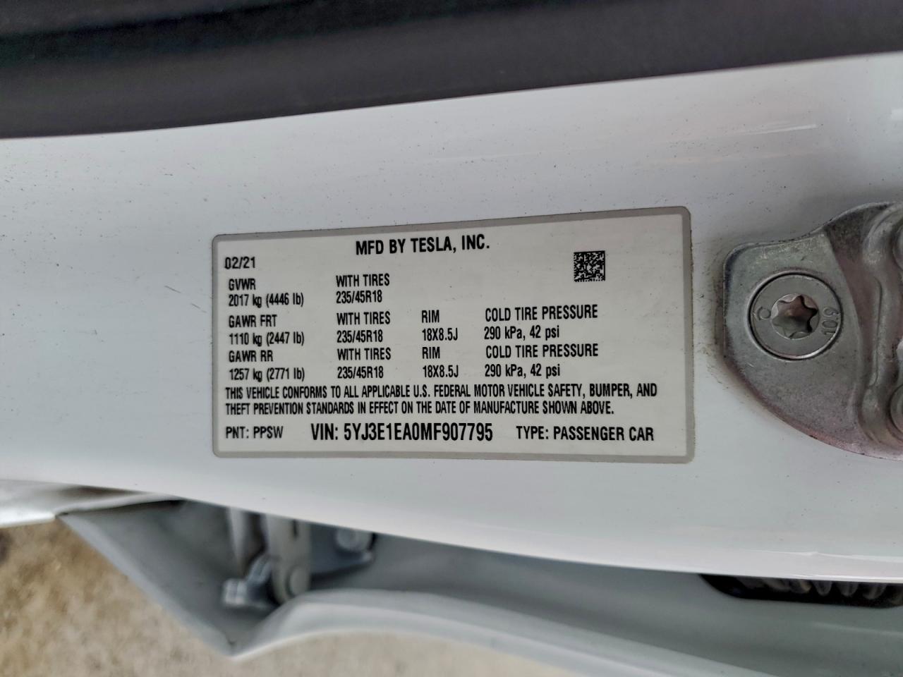 2021 Tesla Model 3 VIN: 5YJ3E1EA0MF907795 Lot: 94235105