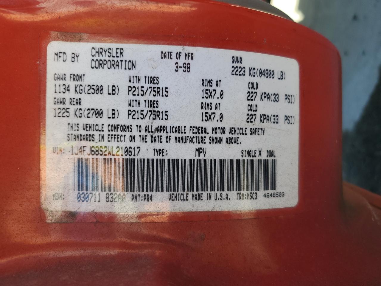 1998 Jeep Cherokee Sport VIN: 1J4FJ68S2WL210617 Lot: 91206975