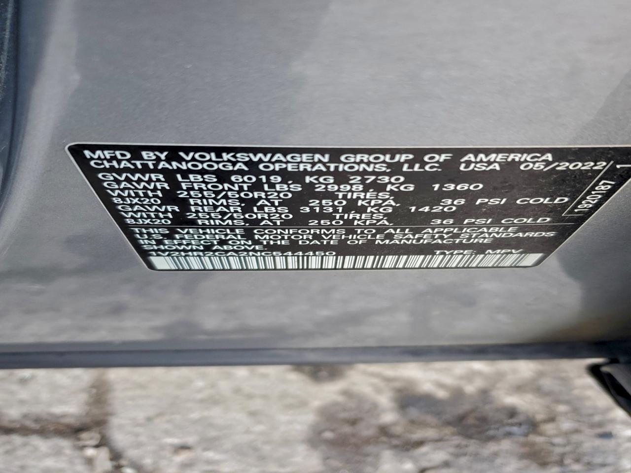 2022 Volkswagen Atlas Se VIN: 1V2HR2CA2NC544450 Lot: 93616685