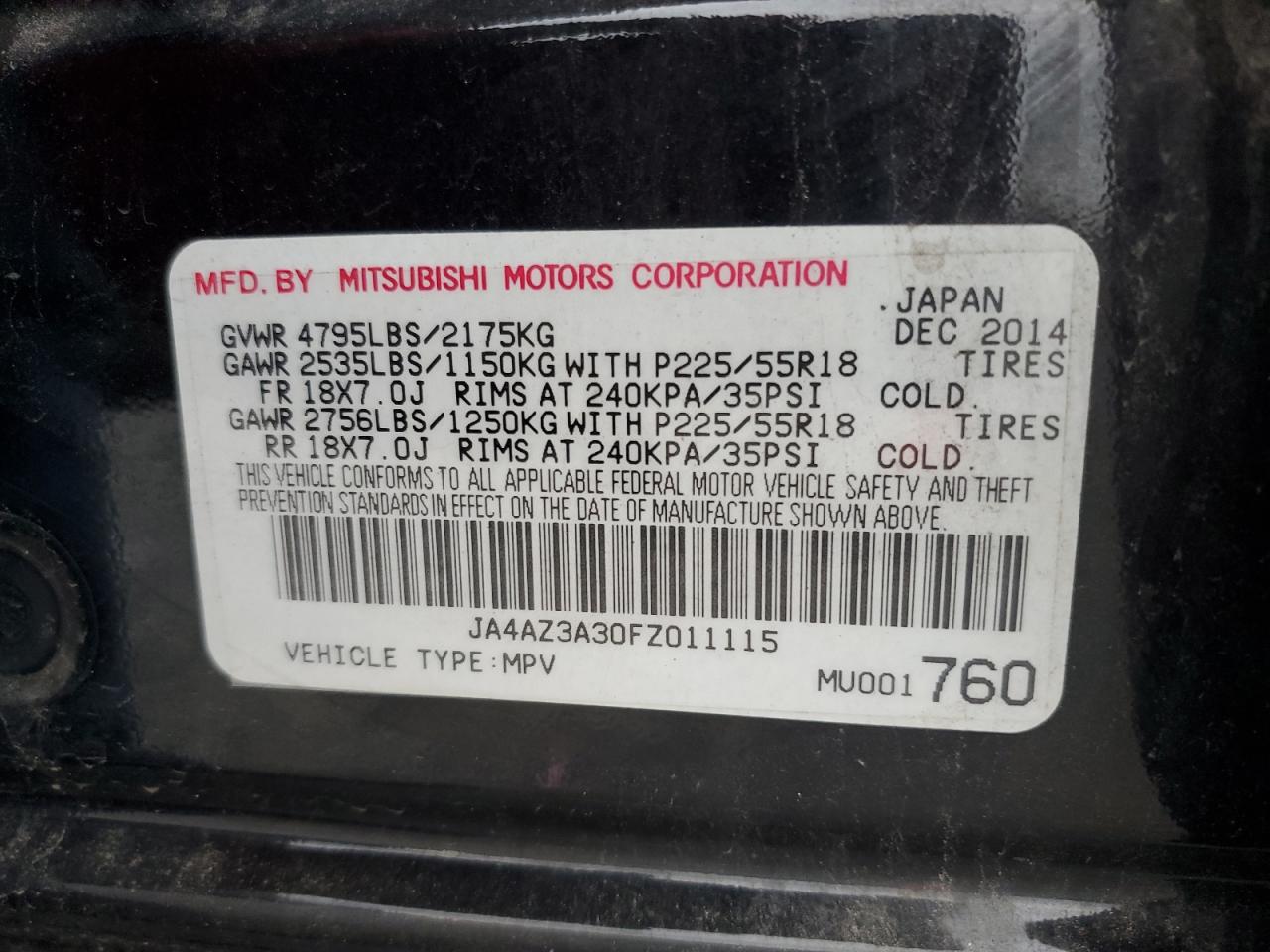 2015 Mitsubishi Outlander Se VIN: JA4AZ3A30FZ011115 Lot: 93001015