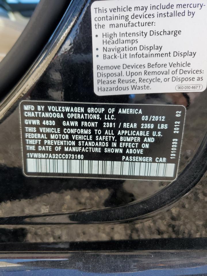 2012 Volkswagen Passat Se VIN: 1VWBM7A32CC073160 Lot: 93368295