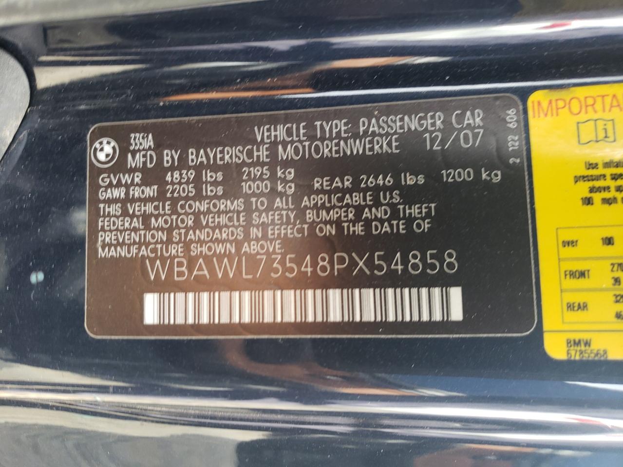 2008 BMW 335 I VIN: WBAWL73548PX54858 Lot: 93103665