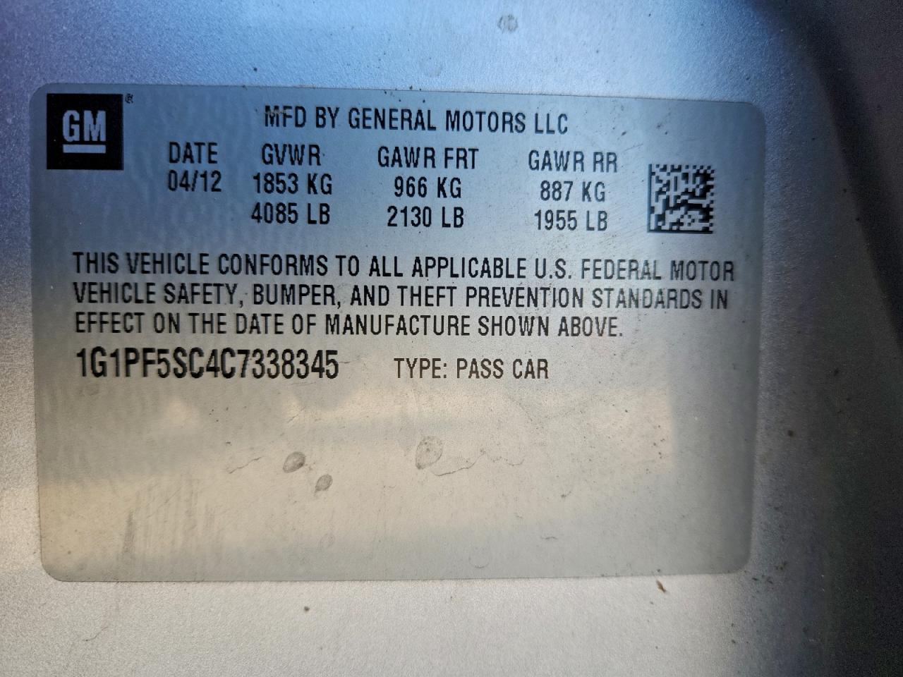 2012 Chevrolet Cruze Lt VIN: 1G1PF5SC4C7338345 Lot: 94514615