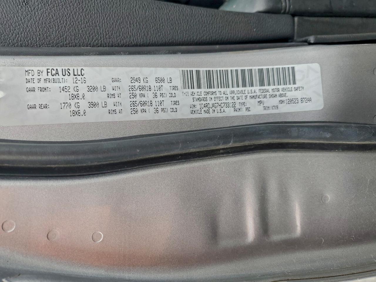 2017 Dodge Durango Sxt VIN: 1C4RDJAG7HC733122 Lot: 93763625