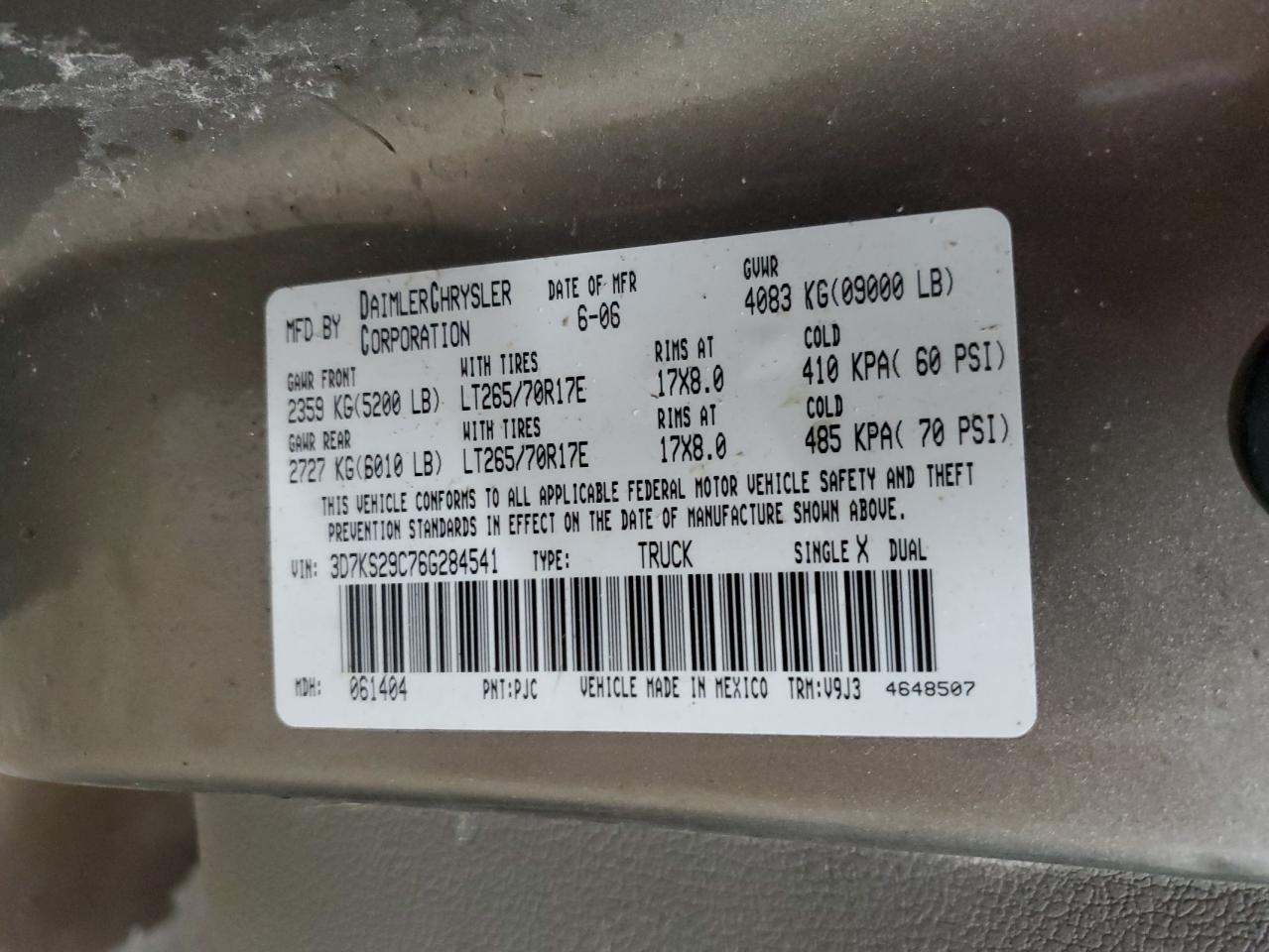 2006 Dodge Ram 2500 VIN: 3D7KS29C76G284541 Lot: 91765075