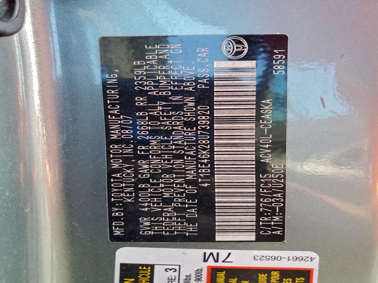 2008 Toyota Camry Ce VIN: 4T1BE46K28U739820 Lot: 93725835