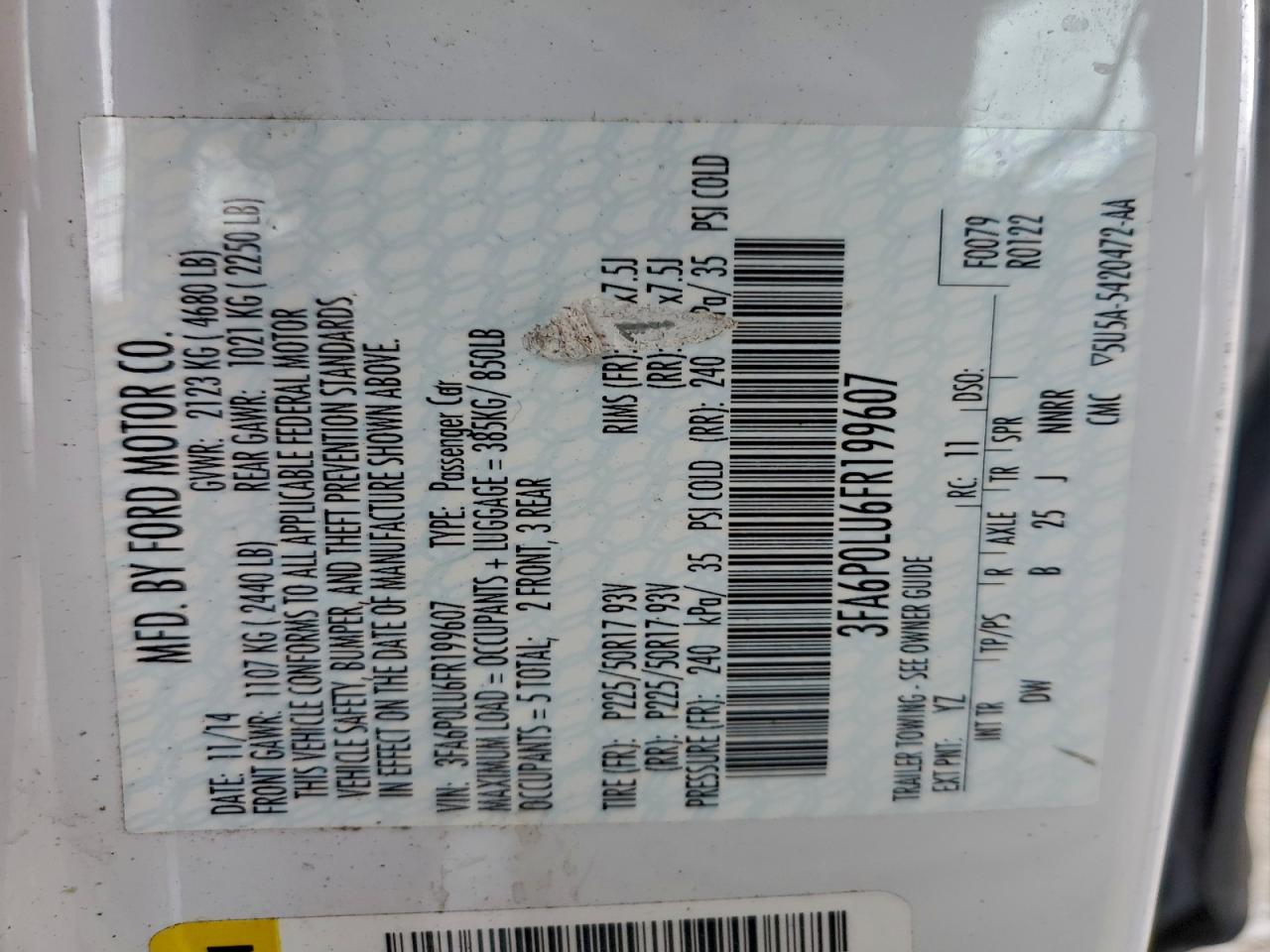 2015 Ford Fusion Se Hybrid VIN: 3FA6P0LU6FR199607 Lot: 93881935