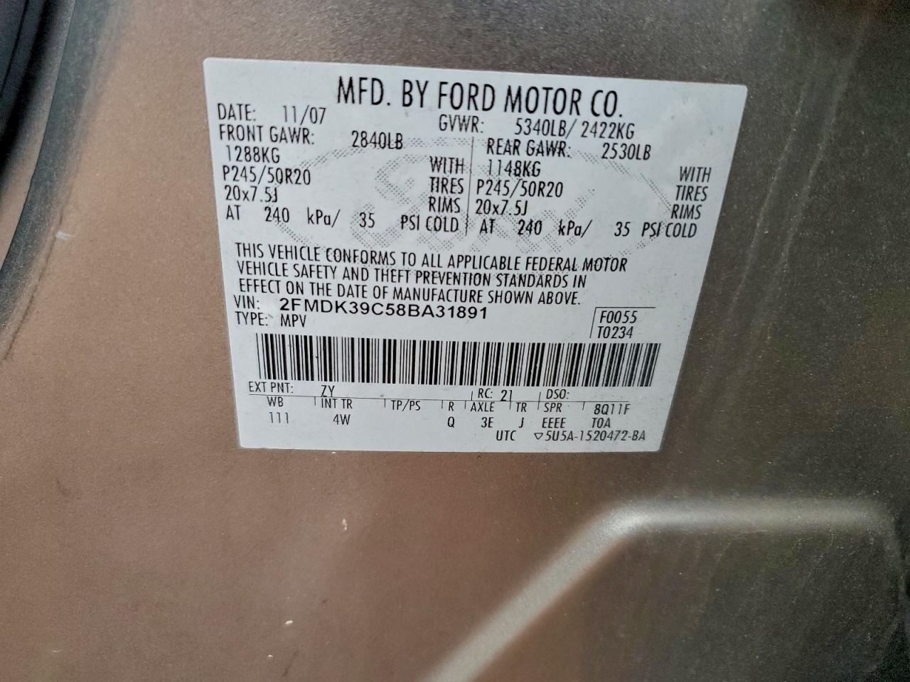 2008 Ford Edge Limited VIN: 2FMDK39C58BA31891 Lot: 94371015