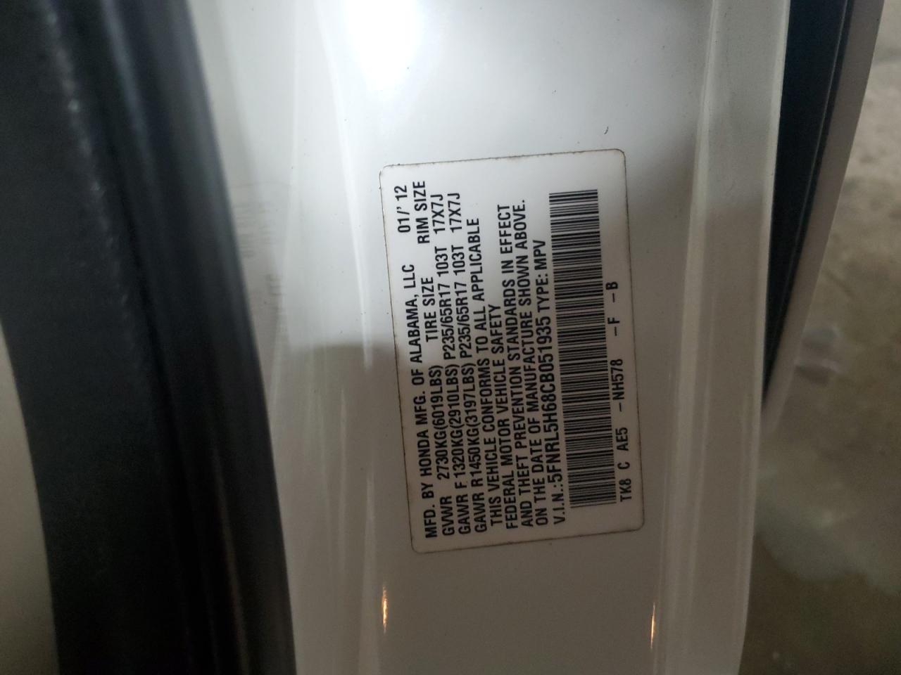 2012 Honda Odyssey Exl VIN: 5FNRL5H68CB051935 Lot: 93497295