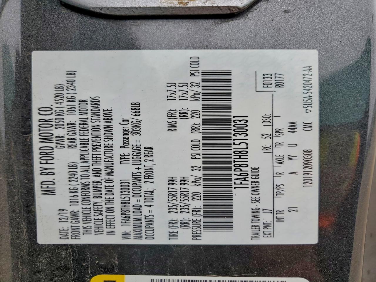 2020 Ford Mustang VIN: 1FA6P8TH8L5130031 Lot: 94340605