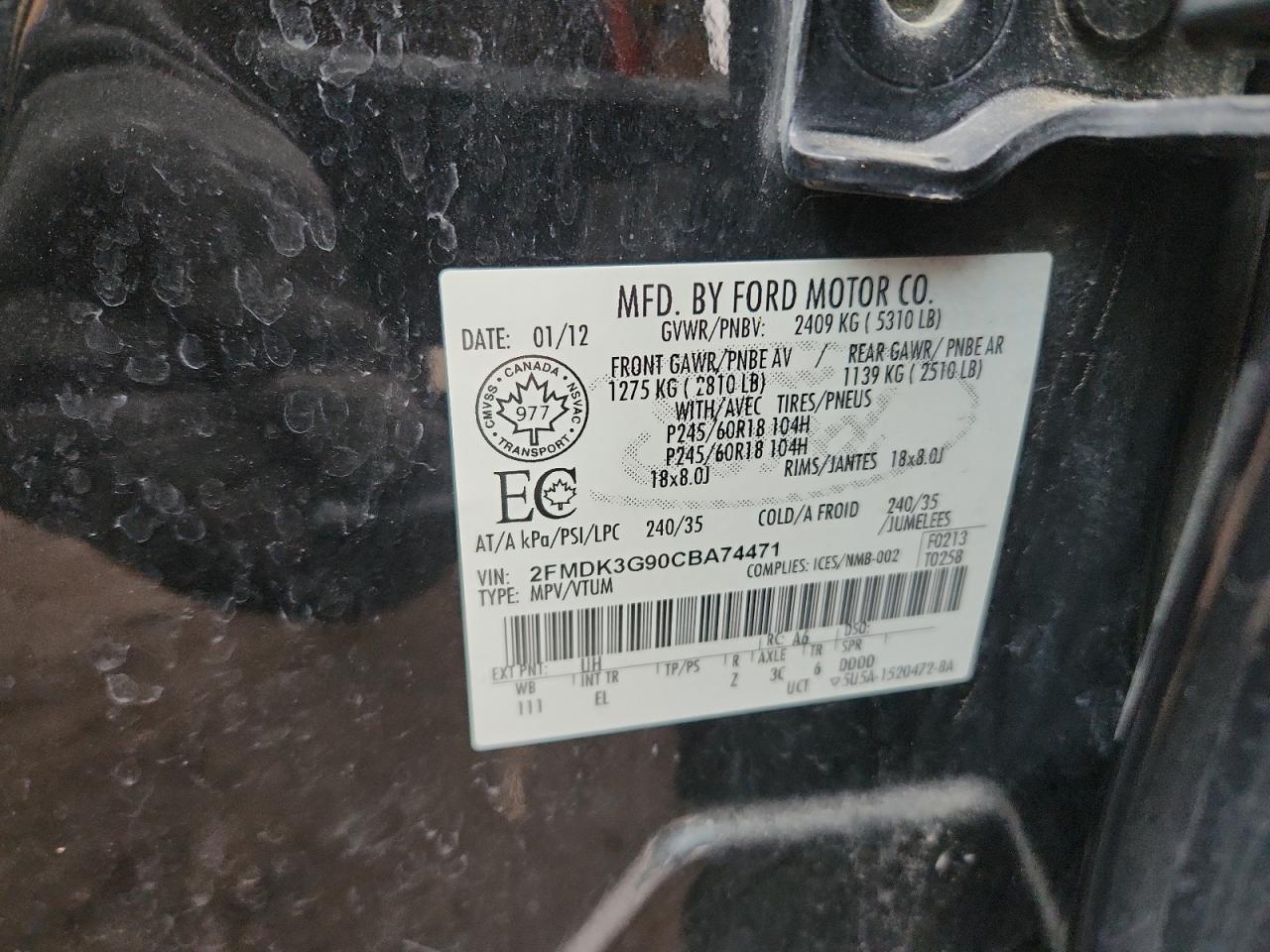 2012 Ford Edge Se VIN: 2FMDK3G90CBA74471 Lot: 85115115