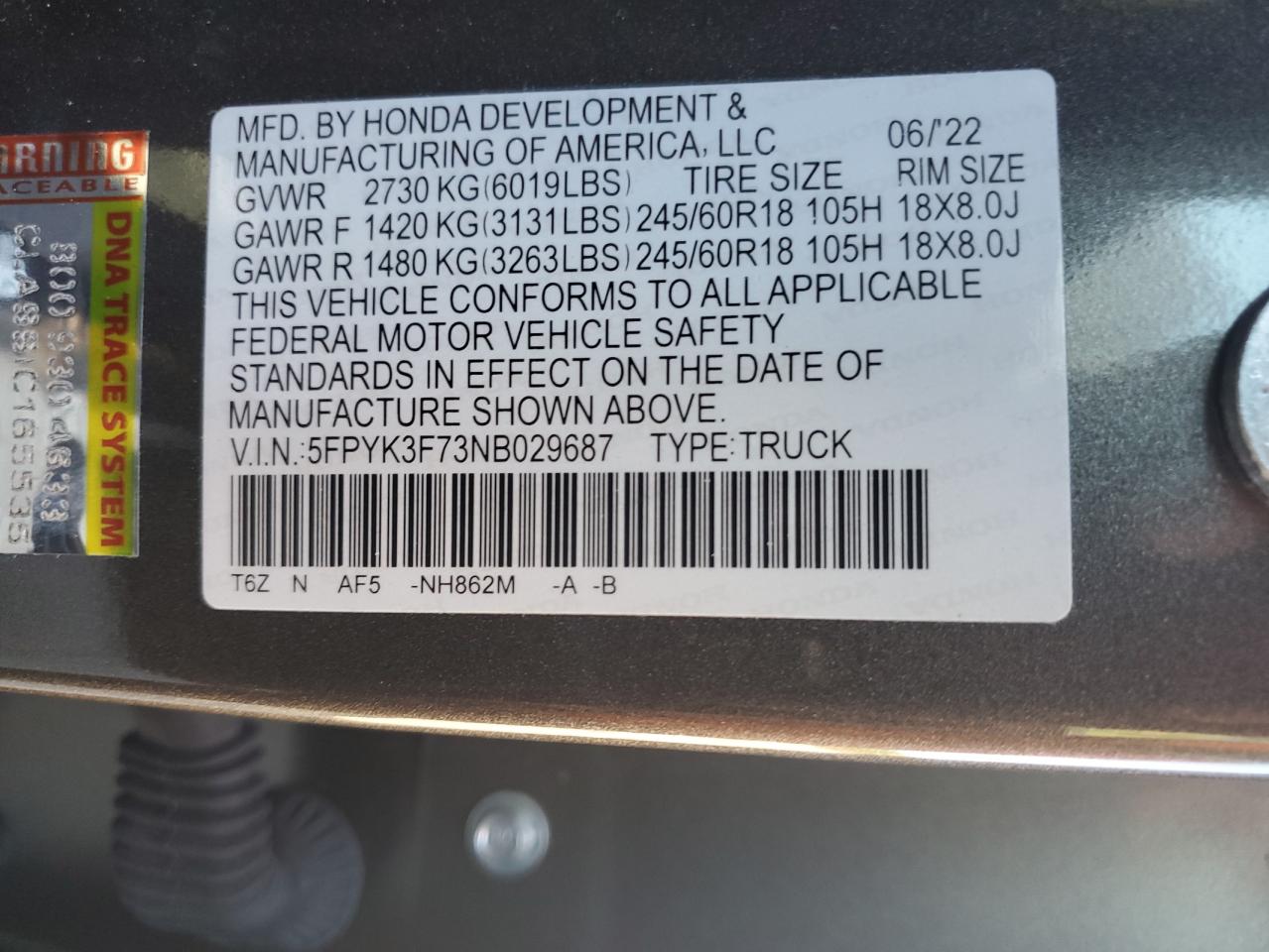 2022 Honda Ridgeline Rtl VIN: 5FPYK3F73NB029687 Lot: 91329355