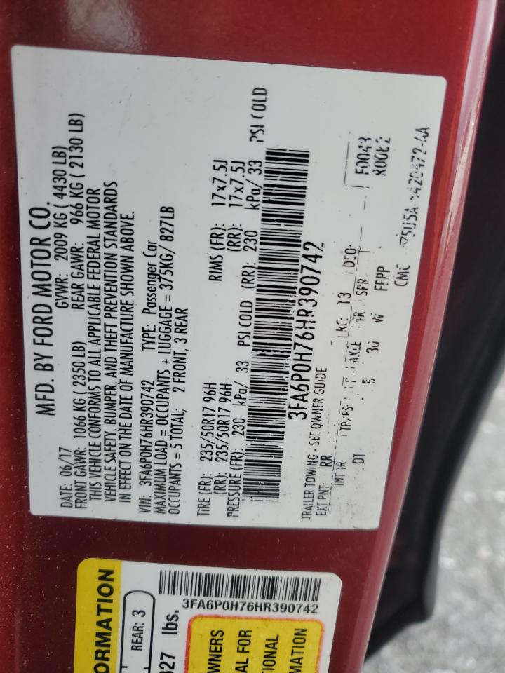 2017 Ford Fusion Se VIN: 3FA6P0H76HR390742 Lot: 92501565