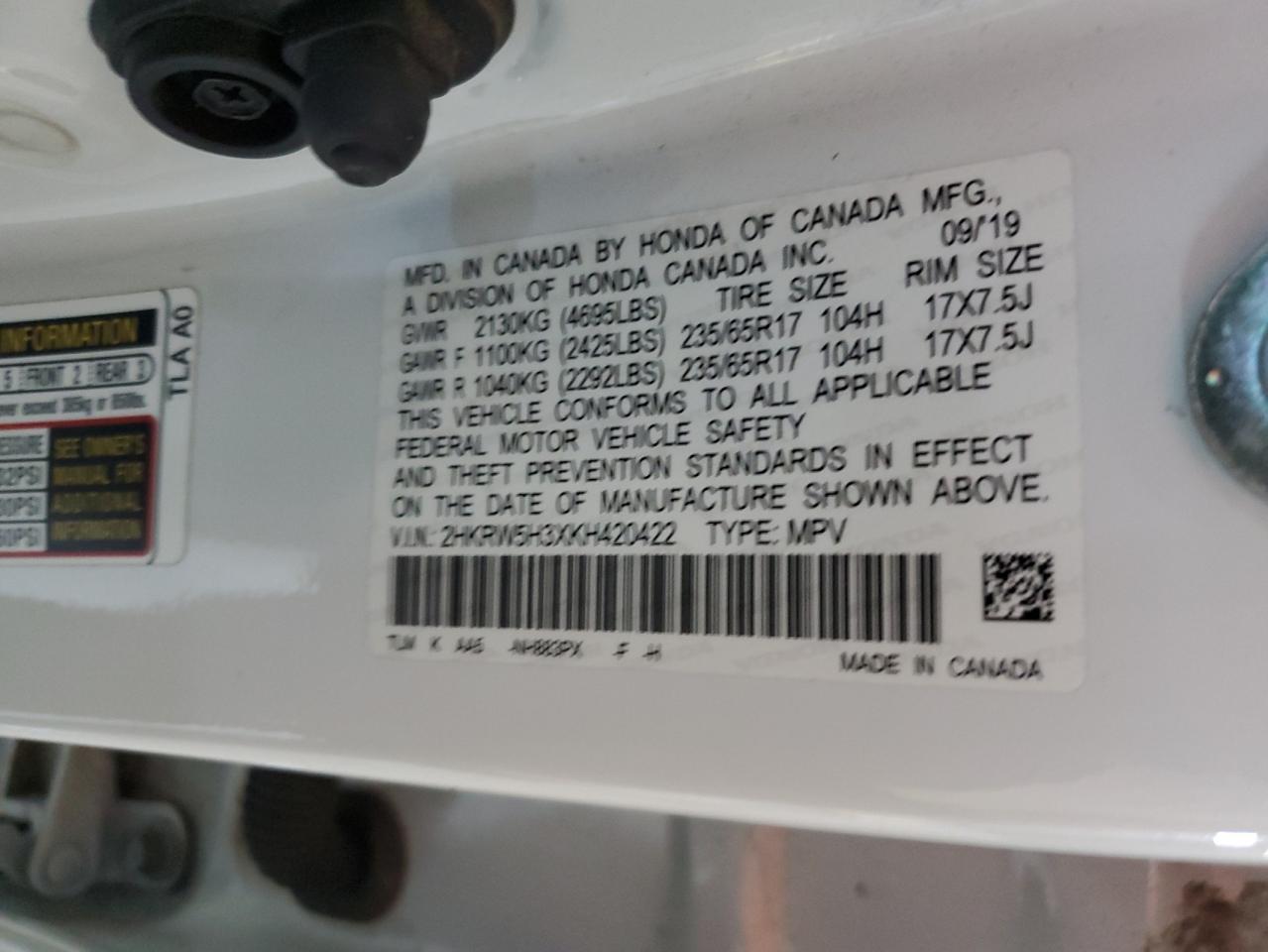 2019 Honda Cr-V Lx VIN: 2HKRW5H3XKH420422 Lot: 92416385