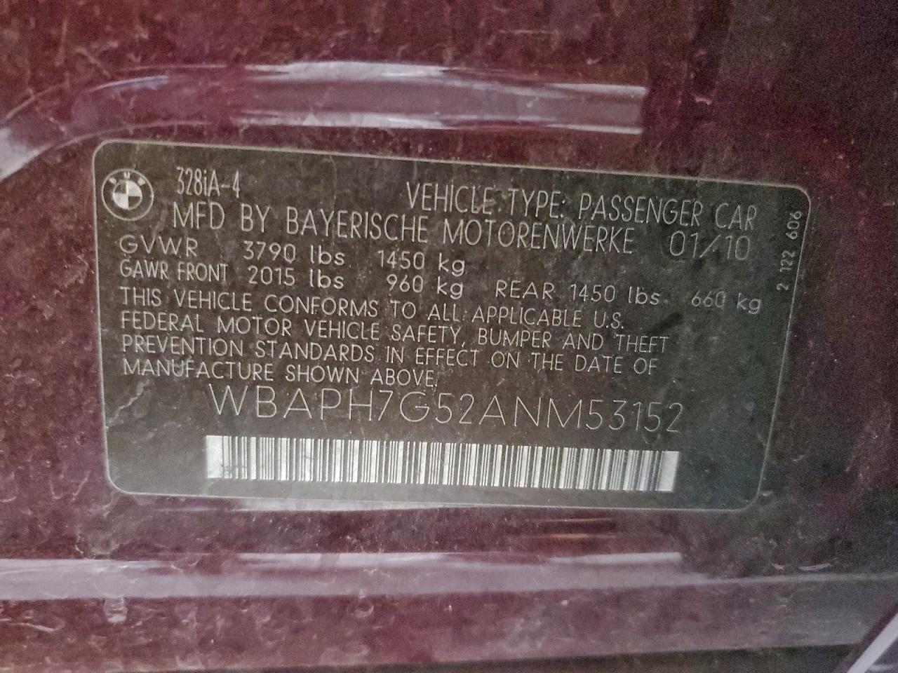 2010 BMW 328 I VIN: WBAPH7G52ANM53152 Lot: 94361375