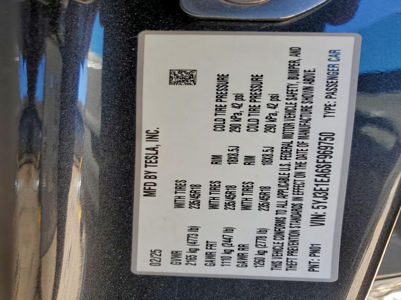 2025 Tesla Model 3 VIN: 5YJ3E1EA6SF969750 Lot: 94086935