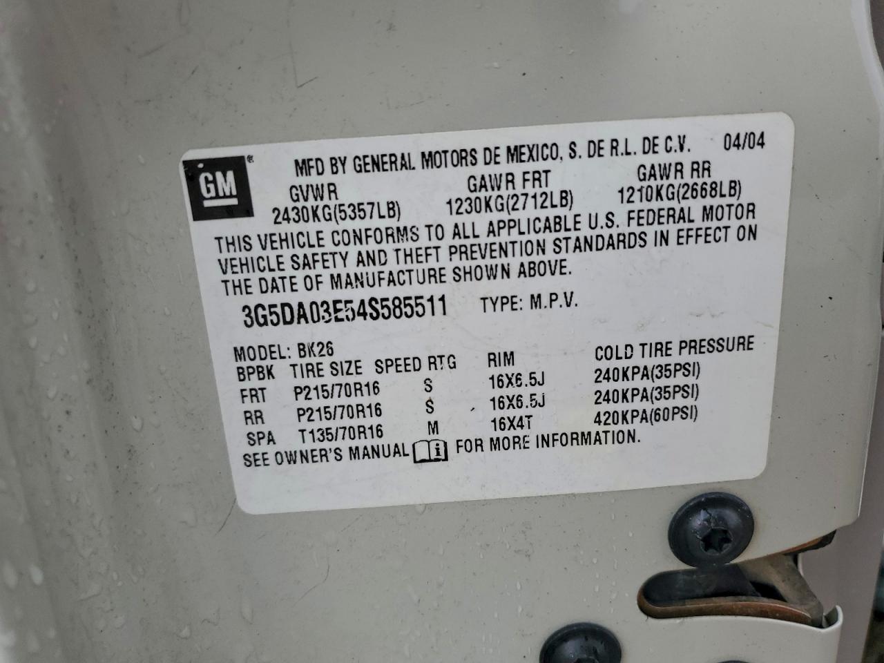 2004 Buick Rendezvous Cx VIN: 3G5DA03E54S585511 Lot: 93278305