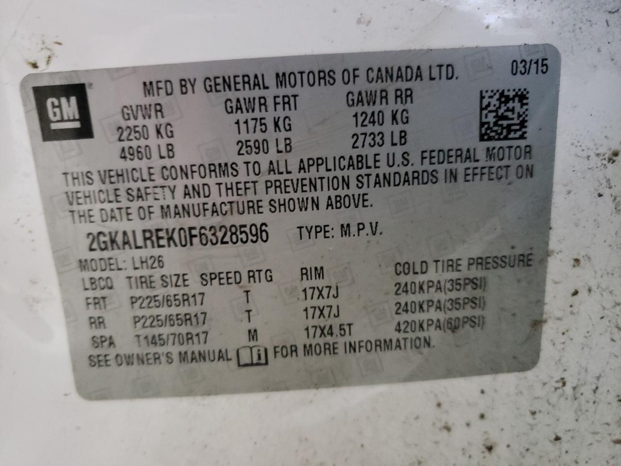 2015 GMC Terrain Sle VIN: 2GKALREK0F6328596 Lot: 93440955