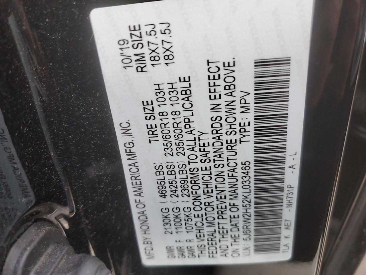 2019 Honda Cr-V Ex VIN: 5J6RW2H52KL033465 Lot: 91422805