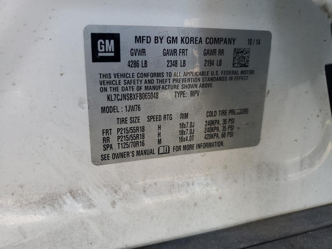 2015 Chevrolet Trax Ltz VIN: KL7CJNSBXFB065048 Lot: 93912005