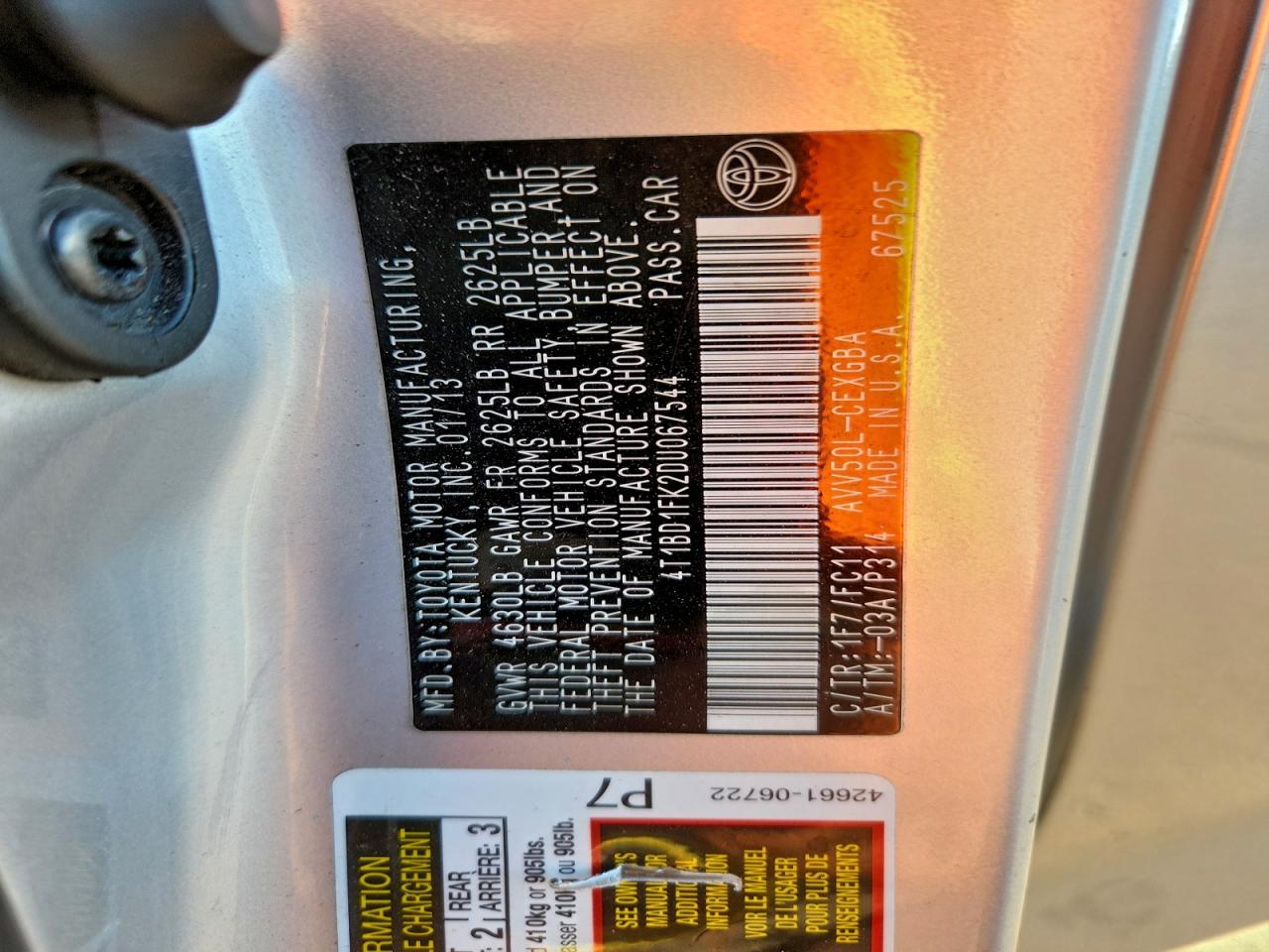 2013 Toyota Camry Hybrid VIN: 4T1BD1FK2DU067544 Lot: 94260165