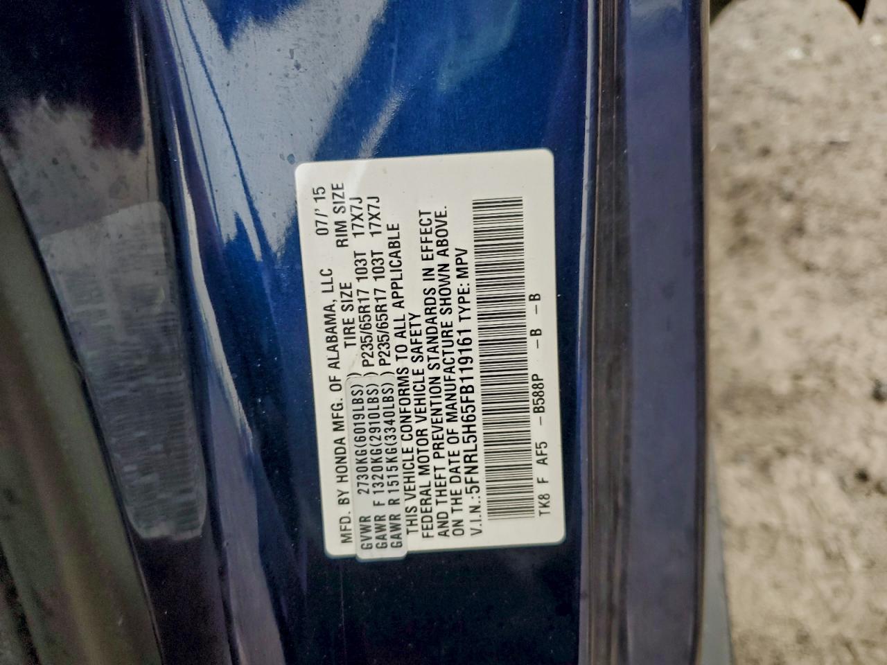 2015 Honda Odyssey Exl VIN: 5FNRL5H65FB119161 Lot: 93717965