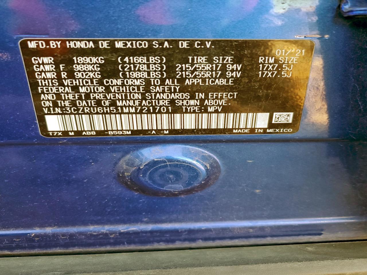 2021 Honda Hr-V Ex VIN: 3CZRU6H51MM721701 Lot: 94294045