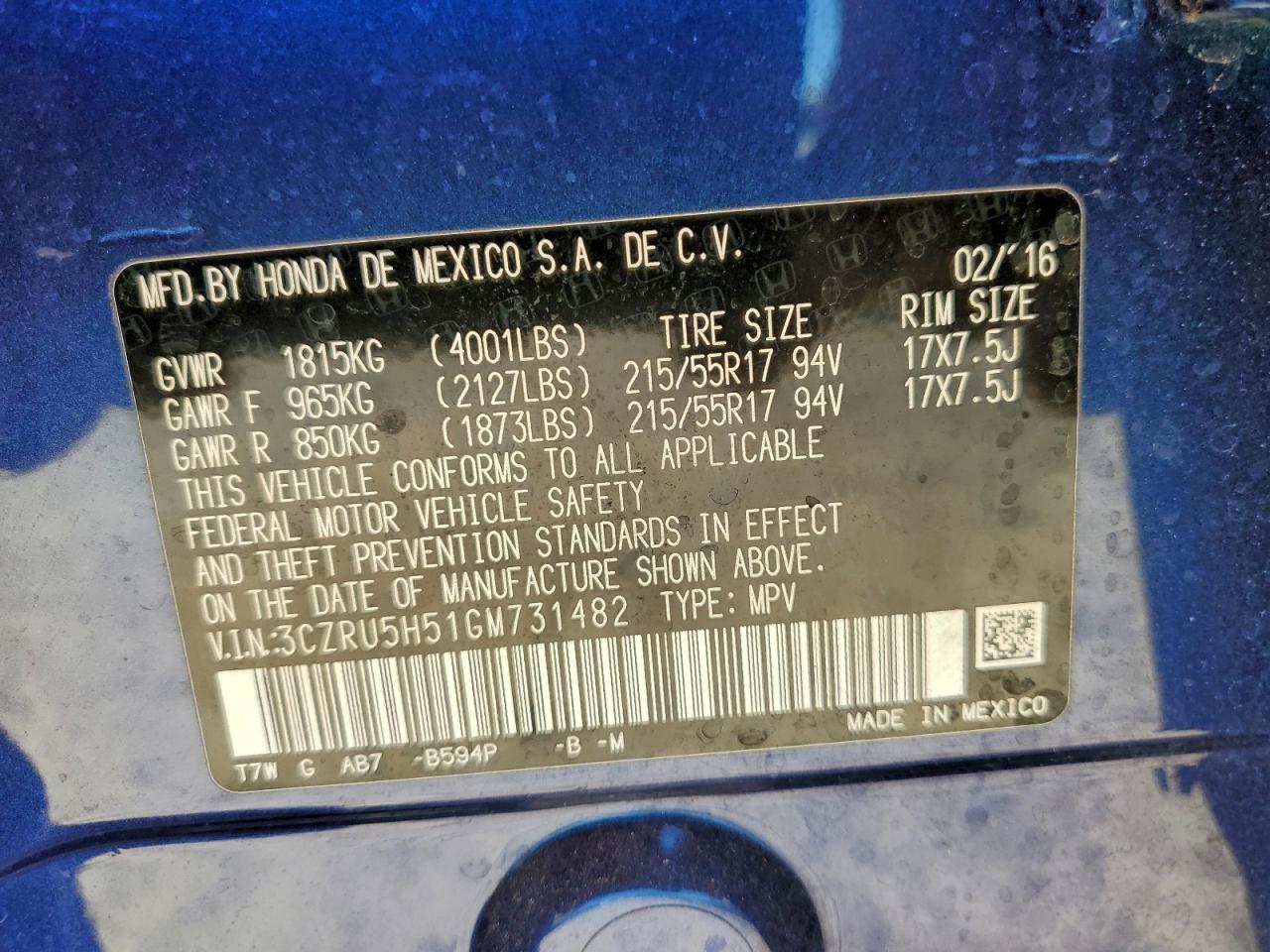 2016 Honda Hr-V Ex VIN: 3CZRU5H51GM731482 Lot: 94795785