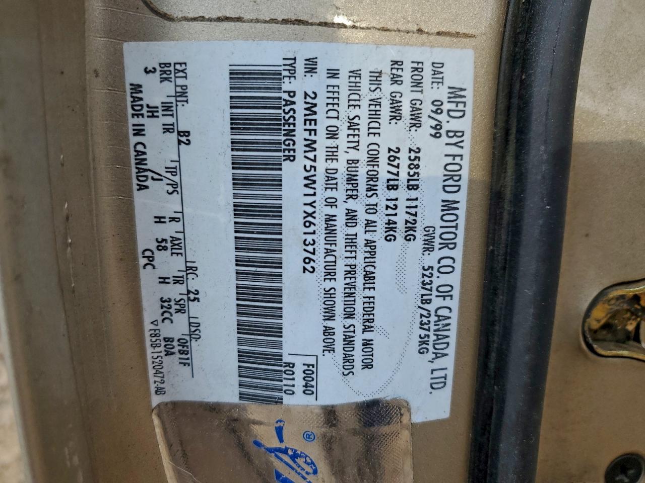 2000 Mercury Grand Marquis Ls VIN: 2MEFM75W1YX613762 Lot: 93748385