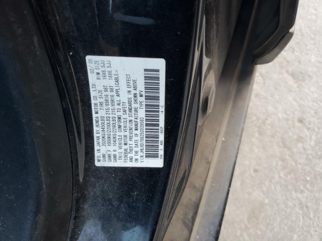 2005 Honda Cr-V Ex VIN: JHLRD78825C039583 Lot: 91992765