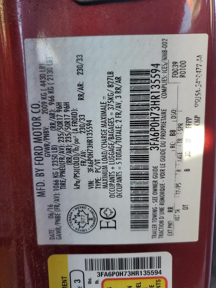 2017 Ford Fusion Se VIN: 3FA6P0H73HR135594 Lot: 92109835