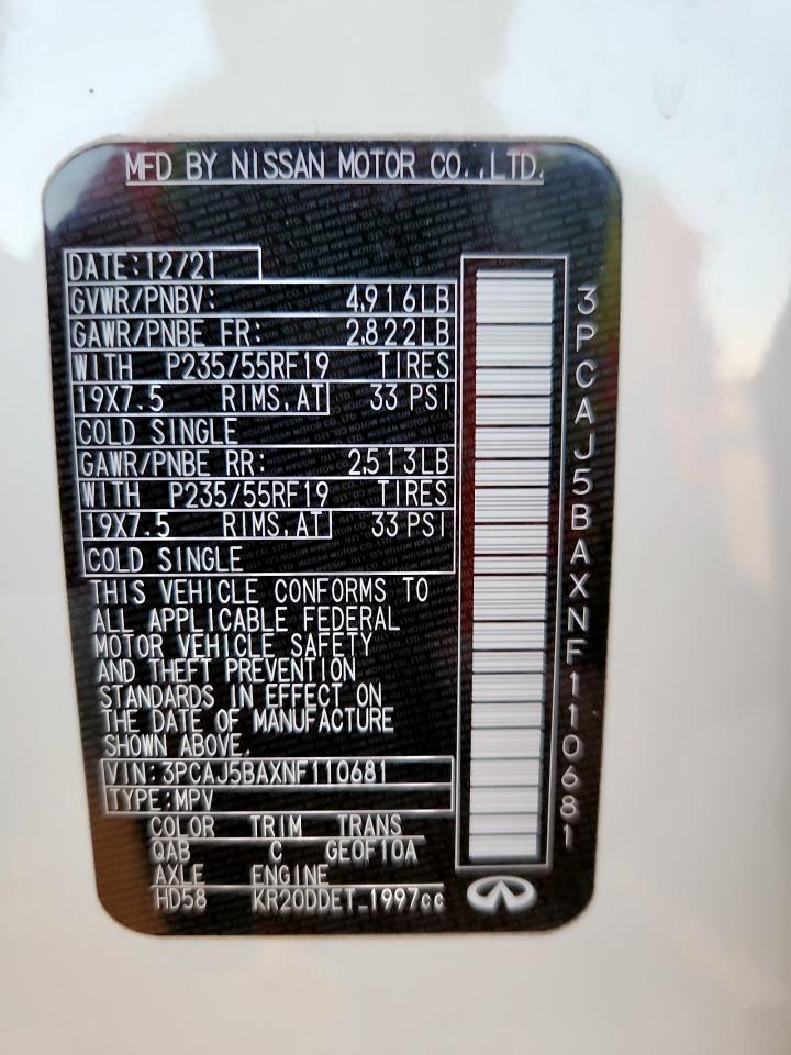 2022 Infiniti Qx50 Luxe VIN: 3PCAJ5BAXNF110681 Lot: 90374065