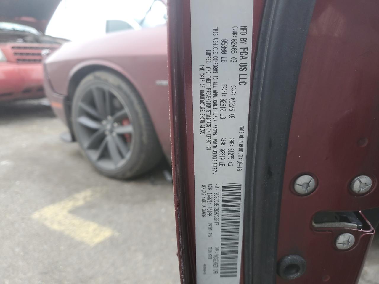 2019 Dodge Challenger R/T VIN: 2C3CDZBT2KH733747 Lot: 93129575