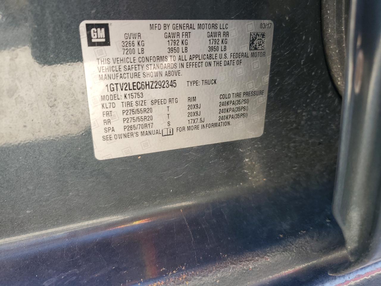 2017 GMC Sierra K1500 VIN: 1GTV2LEC6HZ292345 Lot: 91681395