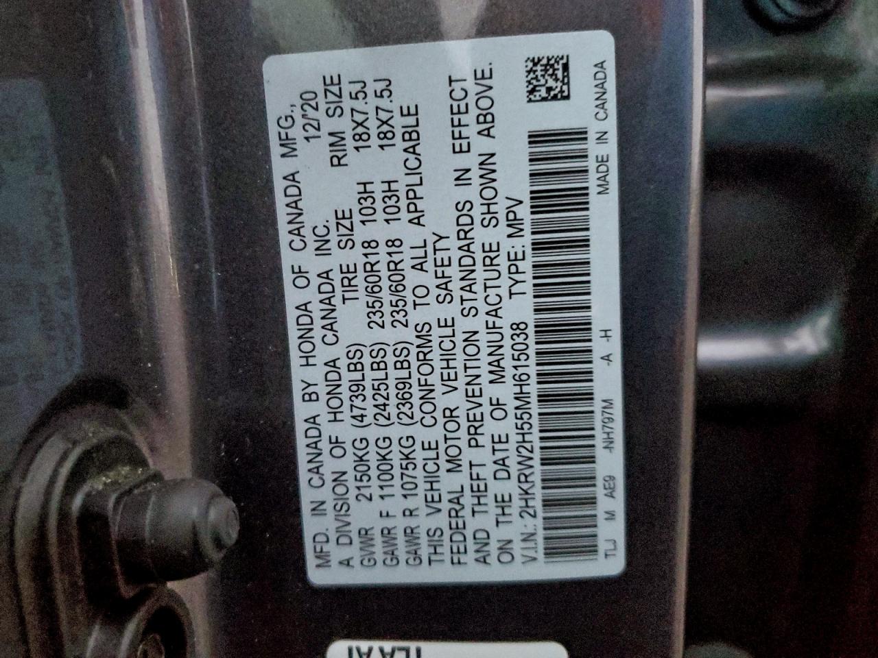 2021 Honda Cr-V Ex VIN: 2HKRW2H55MH615038 Lot: 93931155