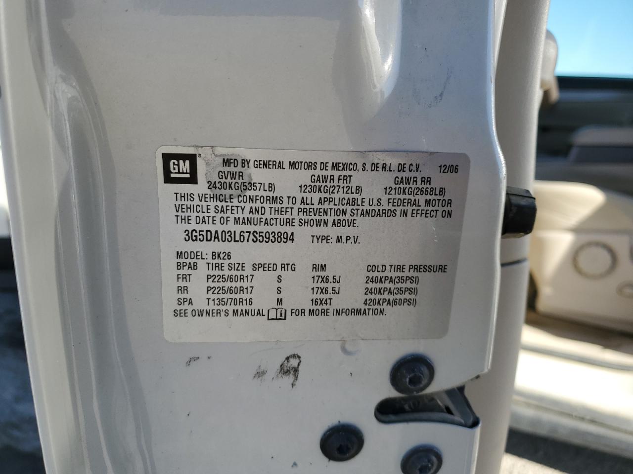 2007 Buick Rendezvous Cx VIN: 3G5DA03L67S593894 Lot: 92310305