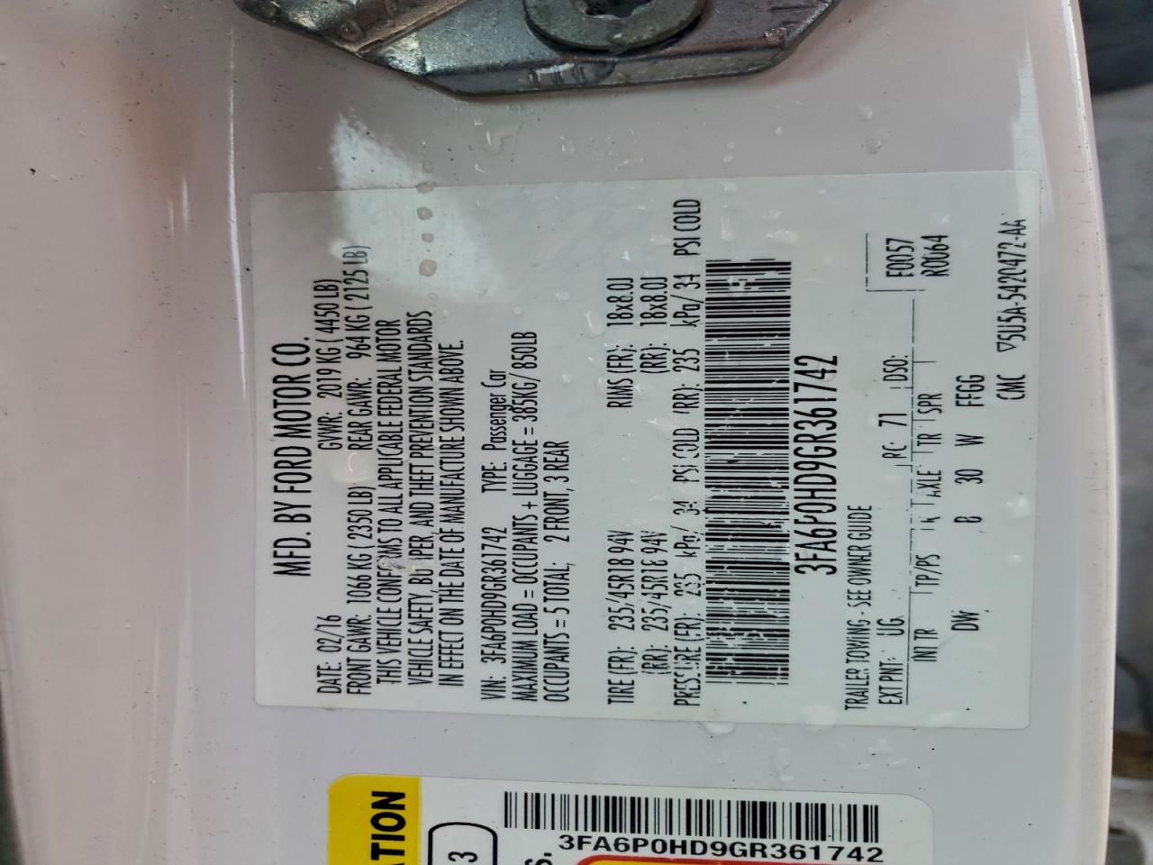 2016 Ford Fusion Se VIN: 3FA6P0HD9GR361742 Lot: 94249035