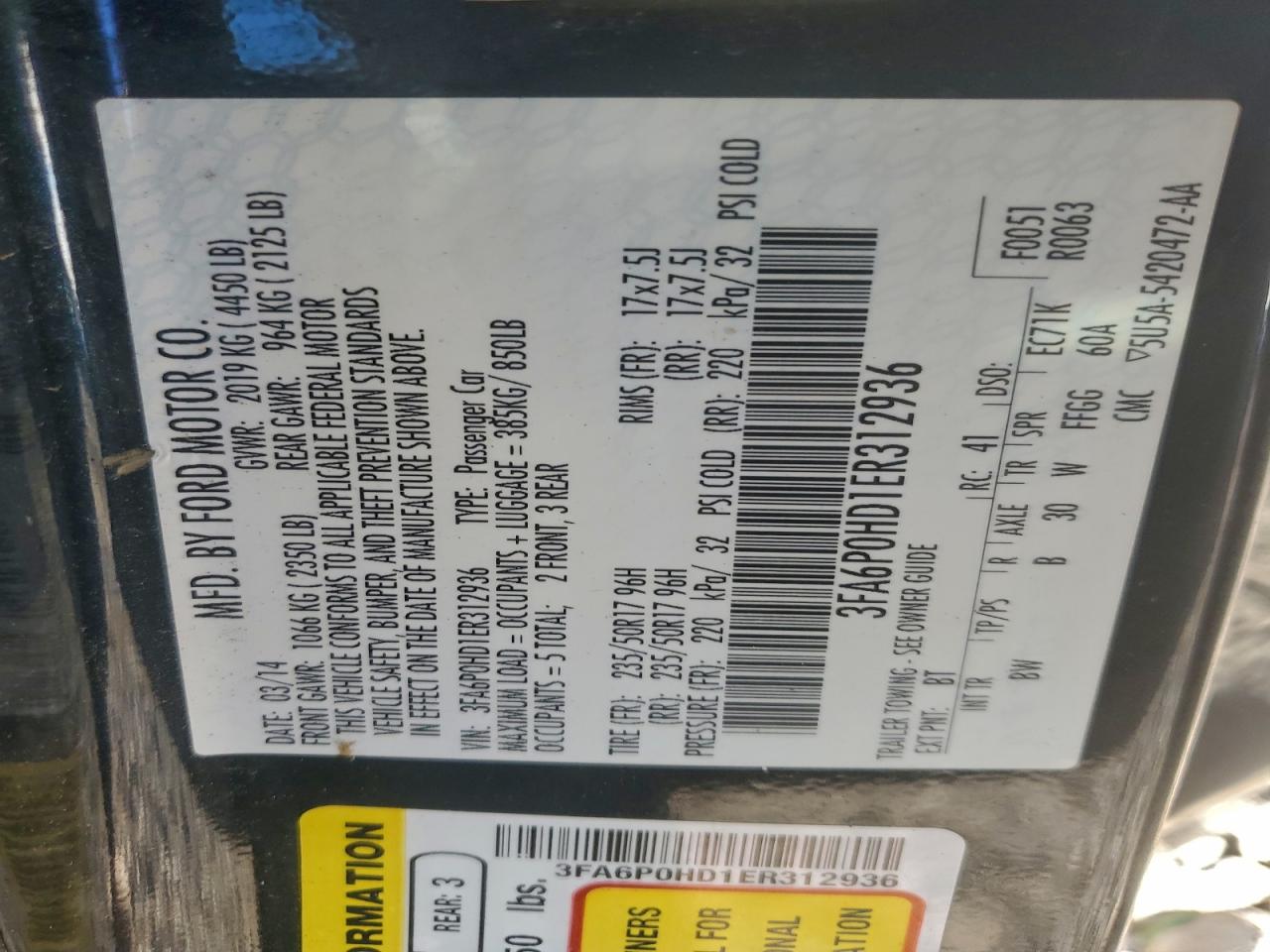 2014 Ford Fusion Se VIN: 3FA6P0HD1ER312936 Lot: 93648675