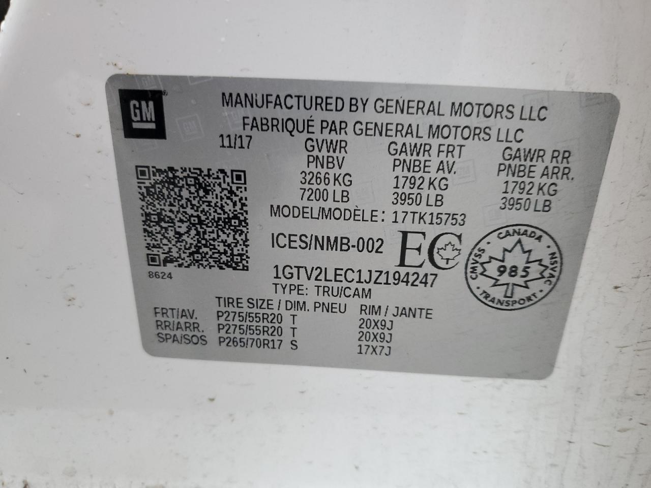 2018 GMC Sierra K1500 VIN: 1GTV2LEC1JZ194247 Lot: 92262965