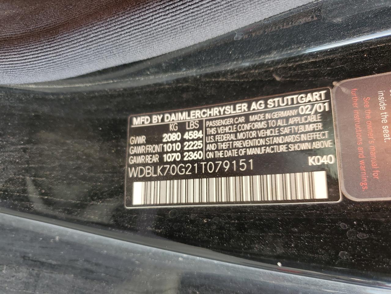 2001 Mercedes-Benz Clk 430 VIN: WDBLK70G21T079151 Lot: 91594035