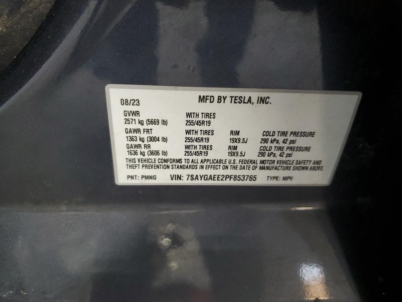 2023 Tesla Model Y VIN: 7SAYGAEE2PF853765 Lot: 93929595