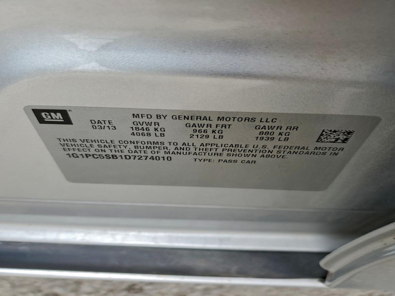 2013 Chevrolet Cruze Lt VIN: 1G1PC5SB1D7274010 Lot: 94176035